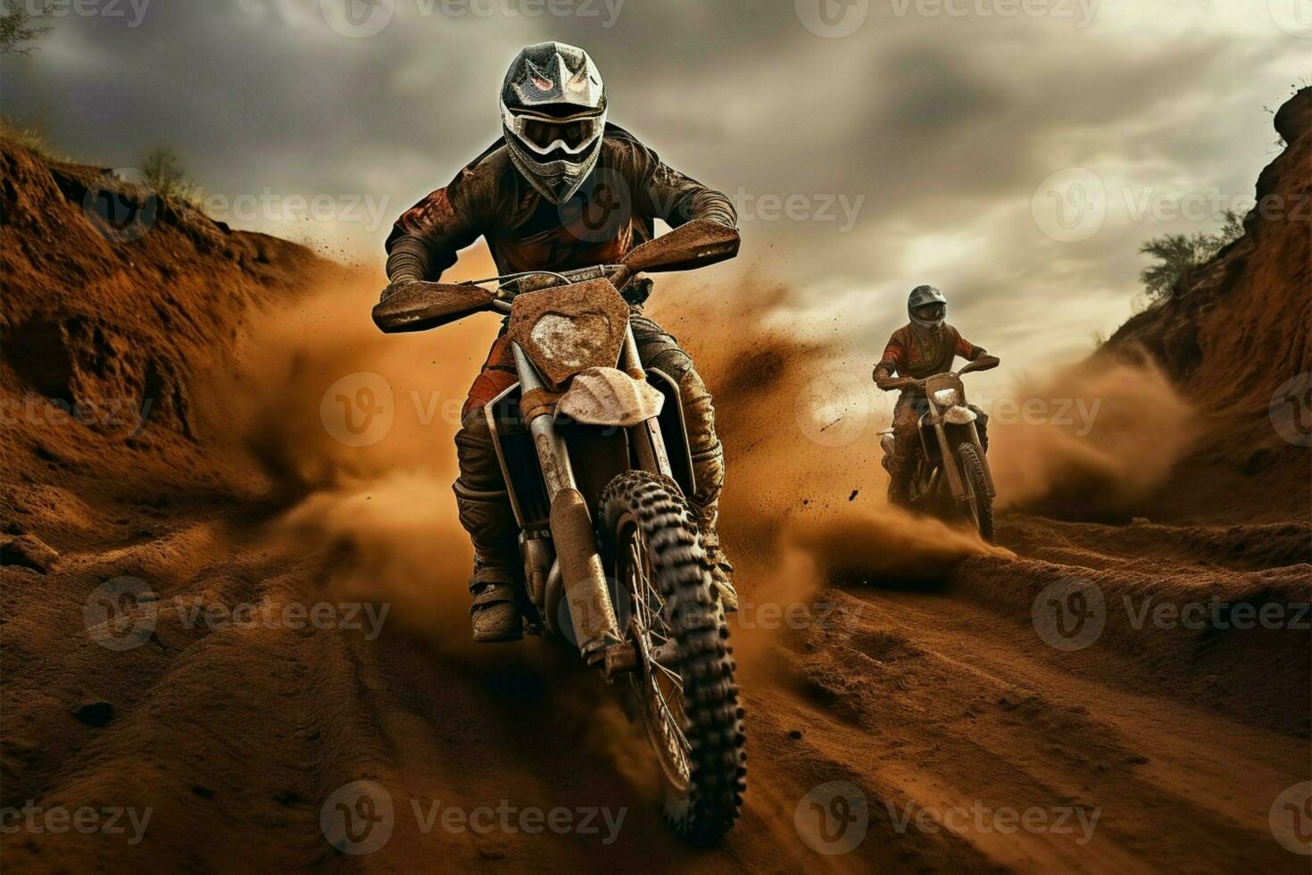 Adrenaline fueled dirt bikers competing on an action packed dirt circuit AI Generated photo