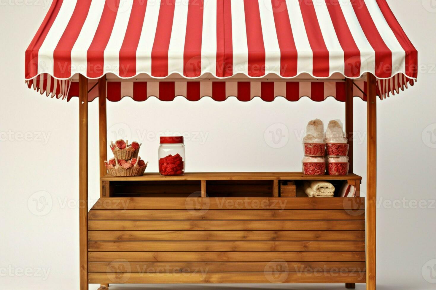 Wooden market stand featuring a classic red and white striped awning AI Generated photo