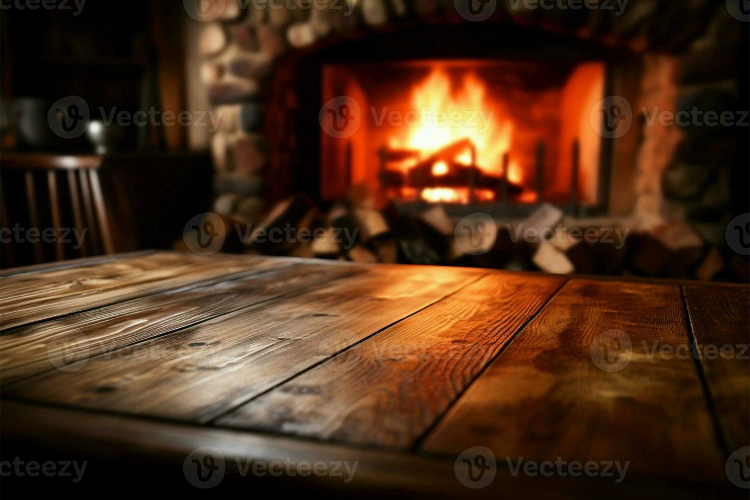 Wooden table by a cozy fireplace, inviting warmth and comfort AI Generated photo