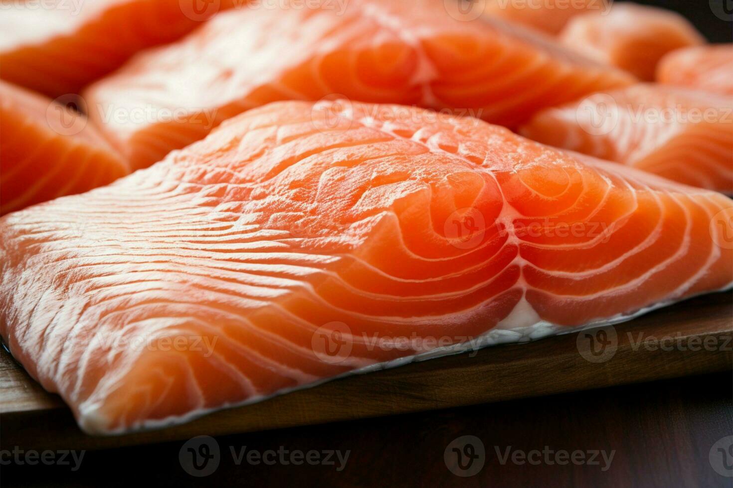 Wooden table hosts a close up of fresh, raw salmon fillets AI Generated photo