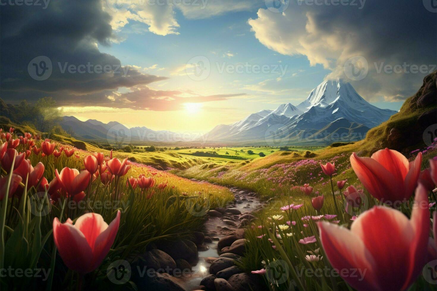AI altered landscape Green field, wild tulips, and cloudy sky AI Generated photo