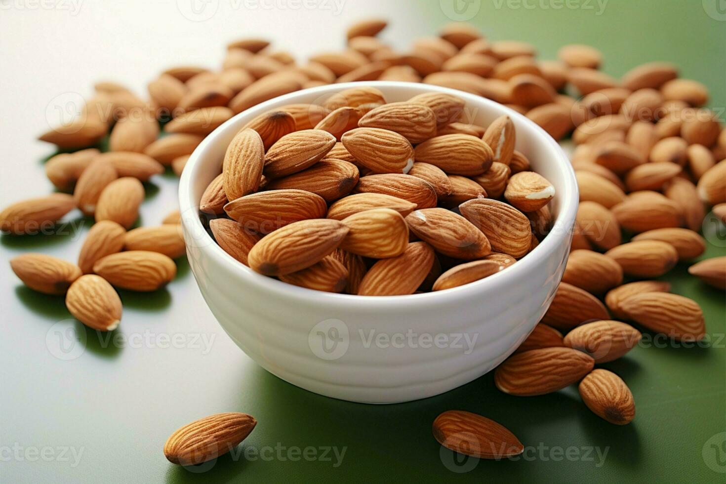 Almond on white bowl, a symbol of vegan nutrition and health AI Generated photo