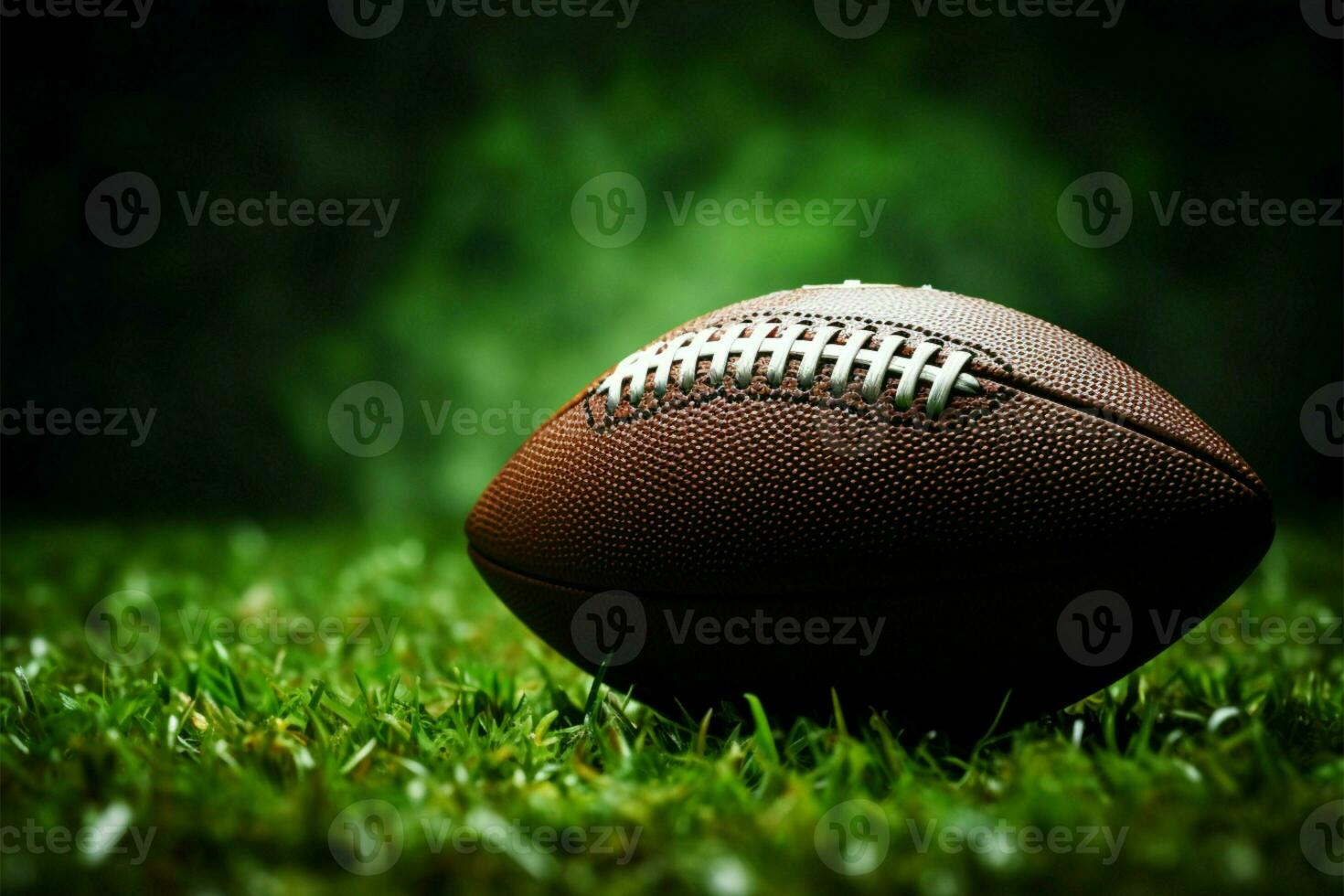 American football on lush green field, set against dark background AI Generated photo