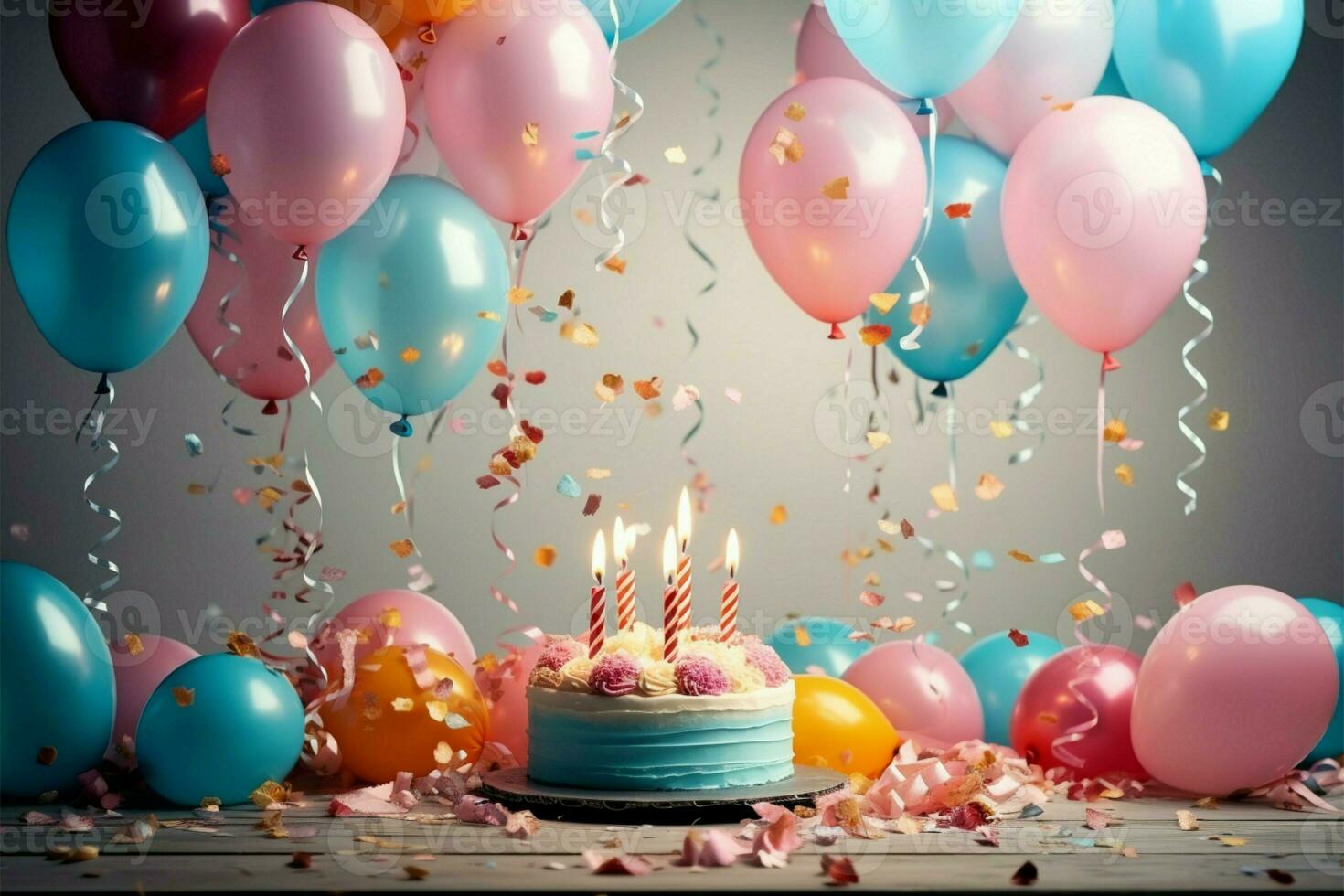 Balloons, cake, candles, and Happy Birthday create a festive background AI Generated photo