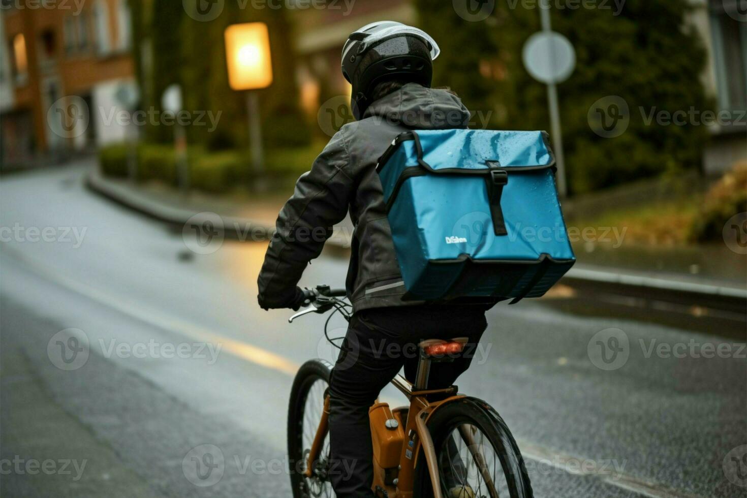 Bike helmet clad delivery man rides with insulated bag in city AI Generated photo