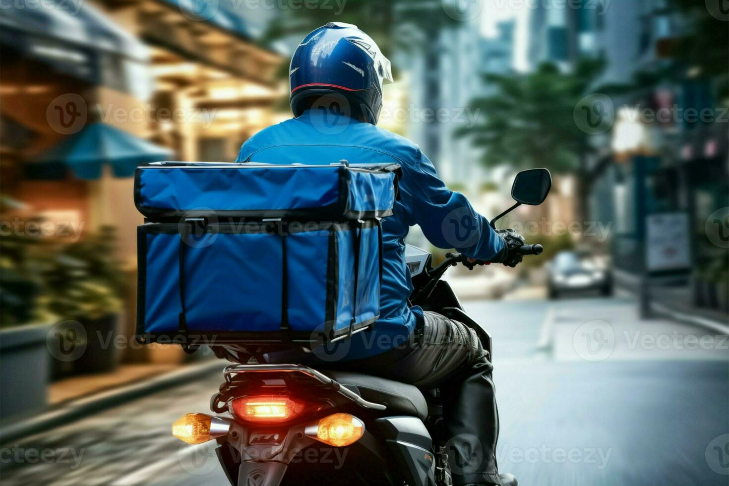 azul uniforme jinete entrega comida o parcelas eficientemente en un motocicleta ai generado foto