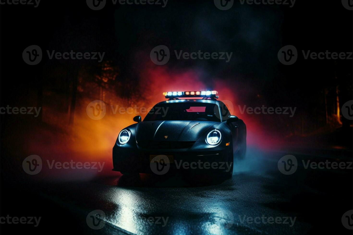 911 police response car pursuit in the misty night backdrop AI Generated photo