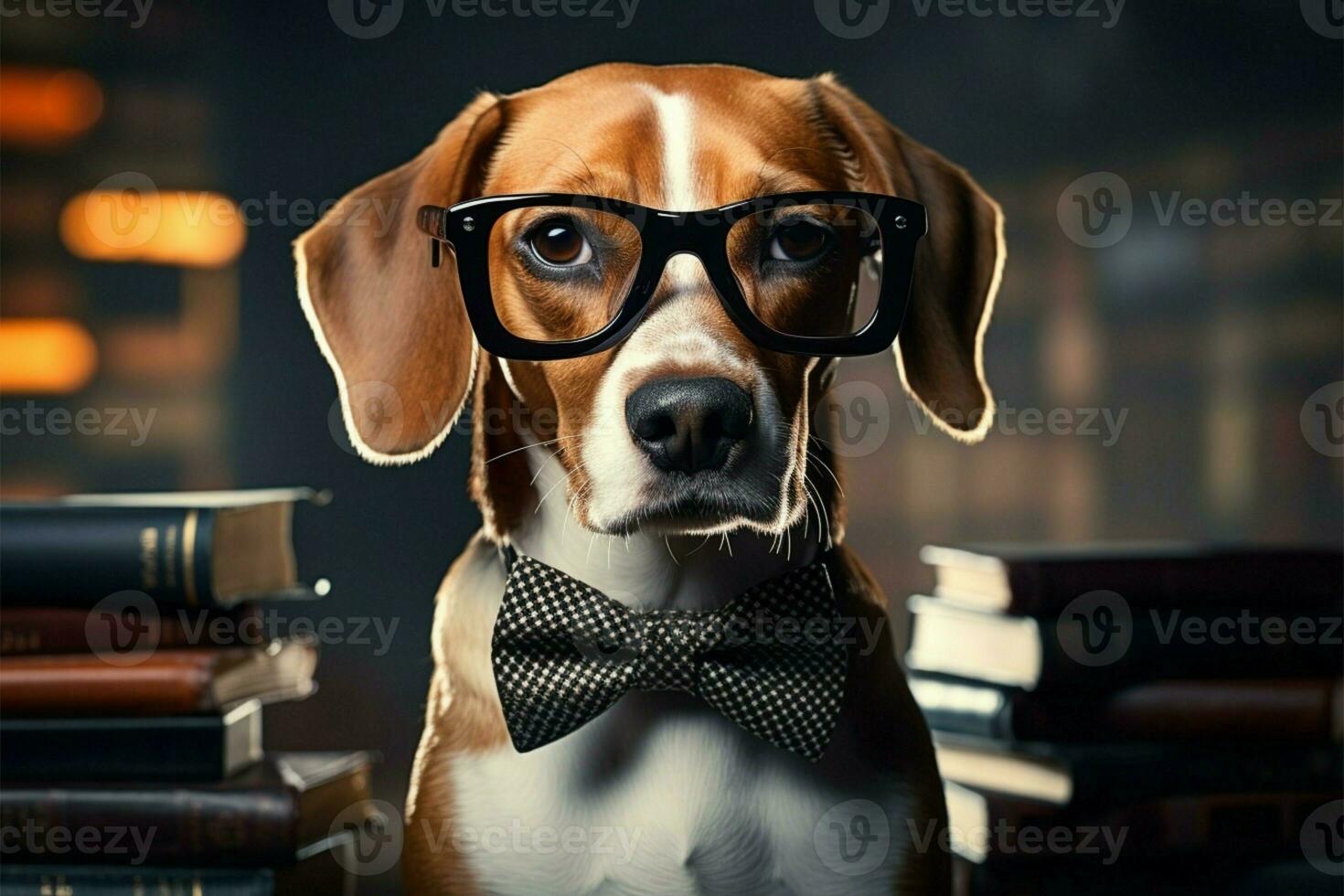 A dapper beagle dons bow tie and specs, exuding sophistication AI Generated photo