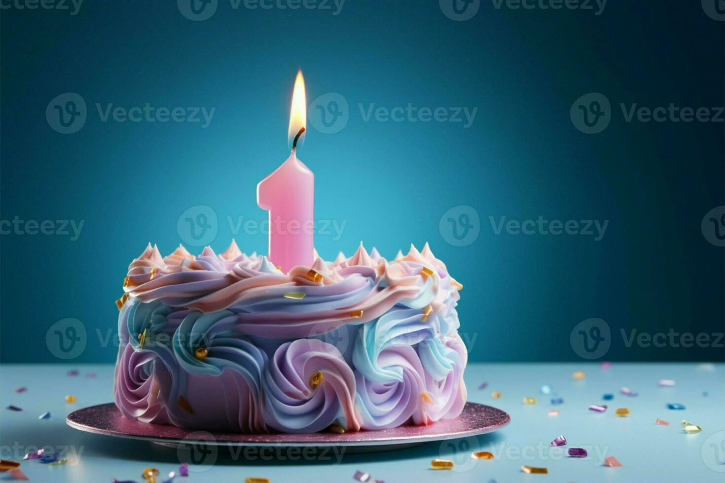 brillante pastel configuración, un solitario Primero año pastel celebra un cumpleaños ai generado foto