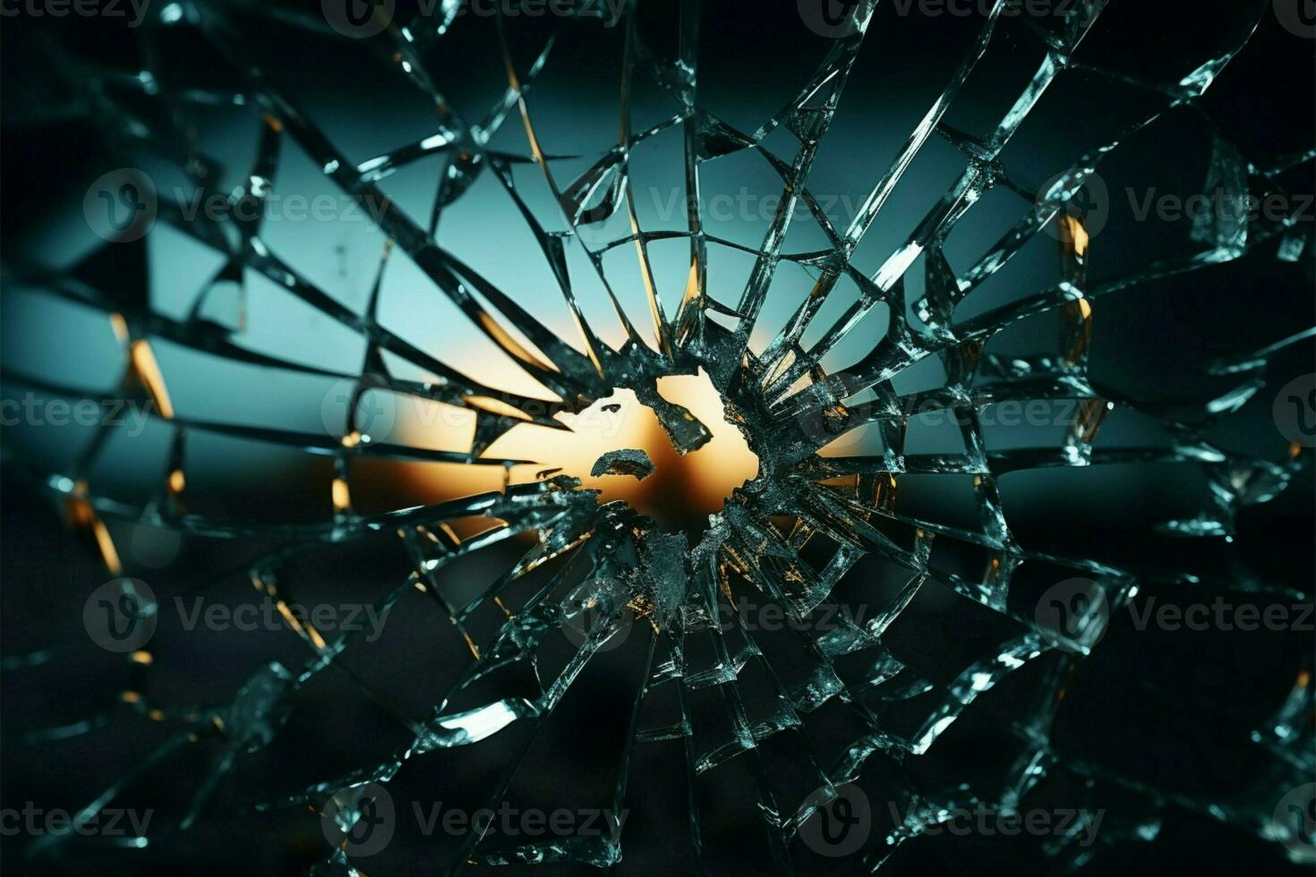 Bullet pierced glass, creating a web of radial cracks outward AI Generated photo