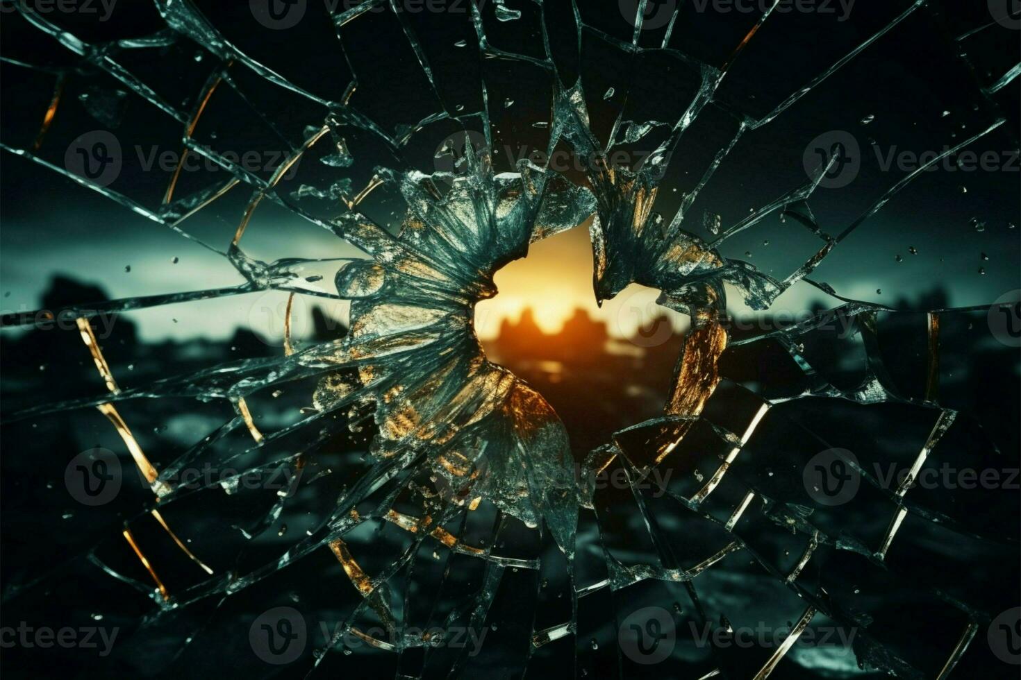 Bullets impact fractured glass, forming radial cracks around the hole AI Generated photo