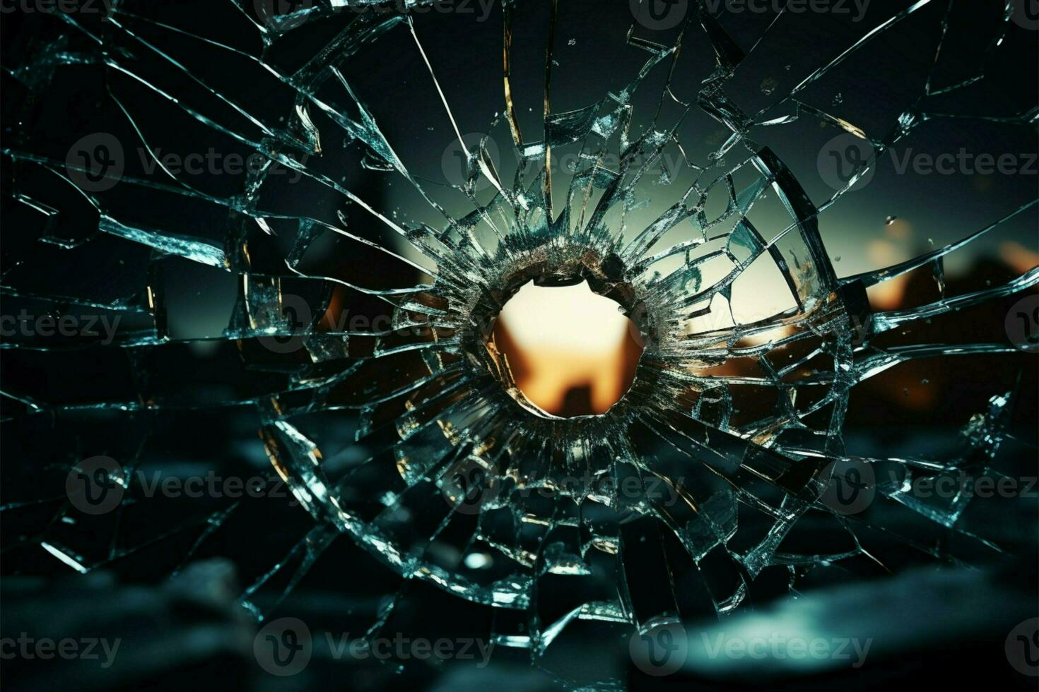 Bullets path left circular cracks emanating from shattered windows hole AI Generated photo