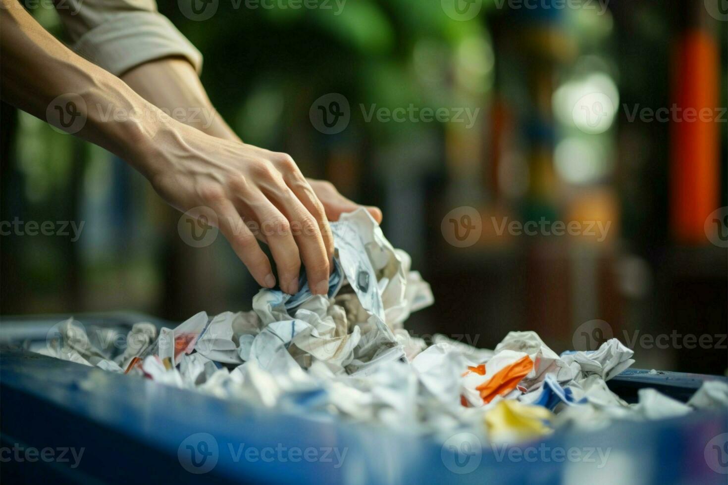 Caring individuals hand neatly recycles paper, aiming for the bin AI Generated photo