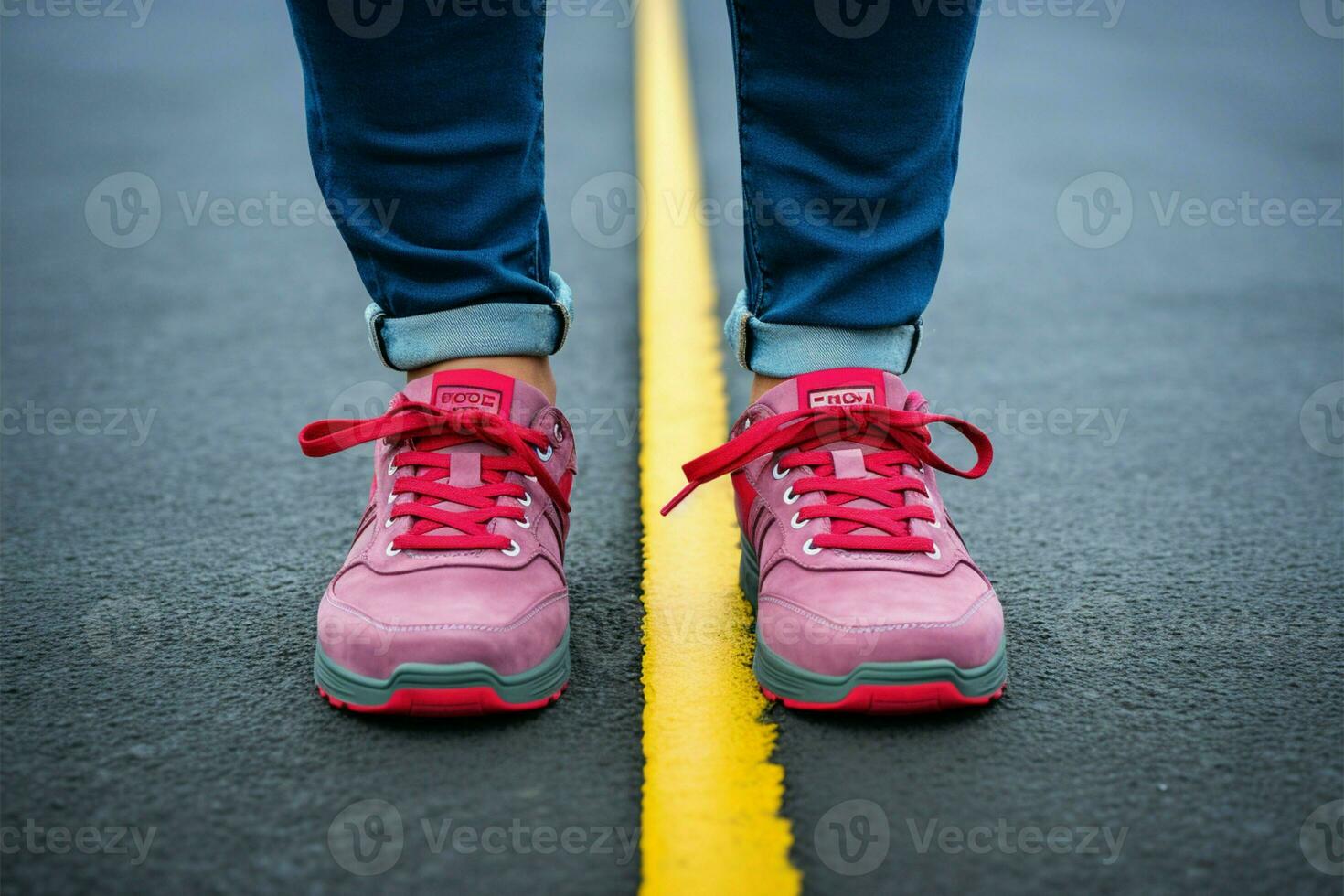 Casual elegance Womens feet, sneakers poised, mark the starting line AI Generated photo
