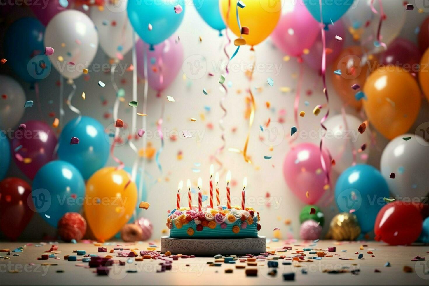 Celebratory birthday scene balloons, cake, and the words Happy Birthday AI Generated photo