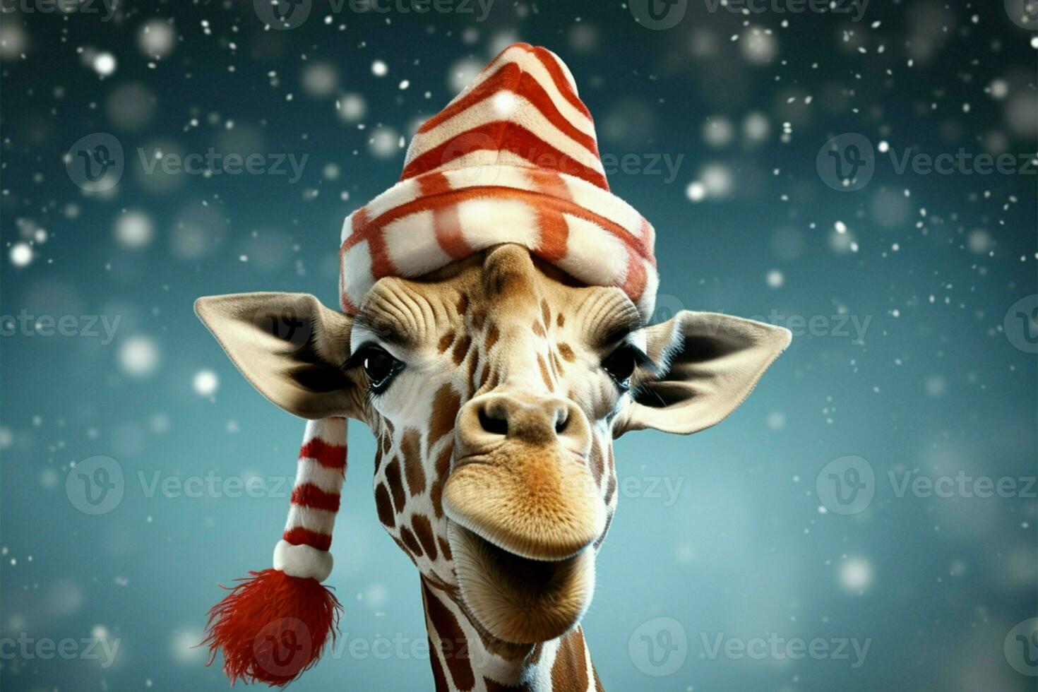 Cheerful Christmas giraffe with Santa hat, depicted in digital art AI Generated photo