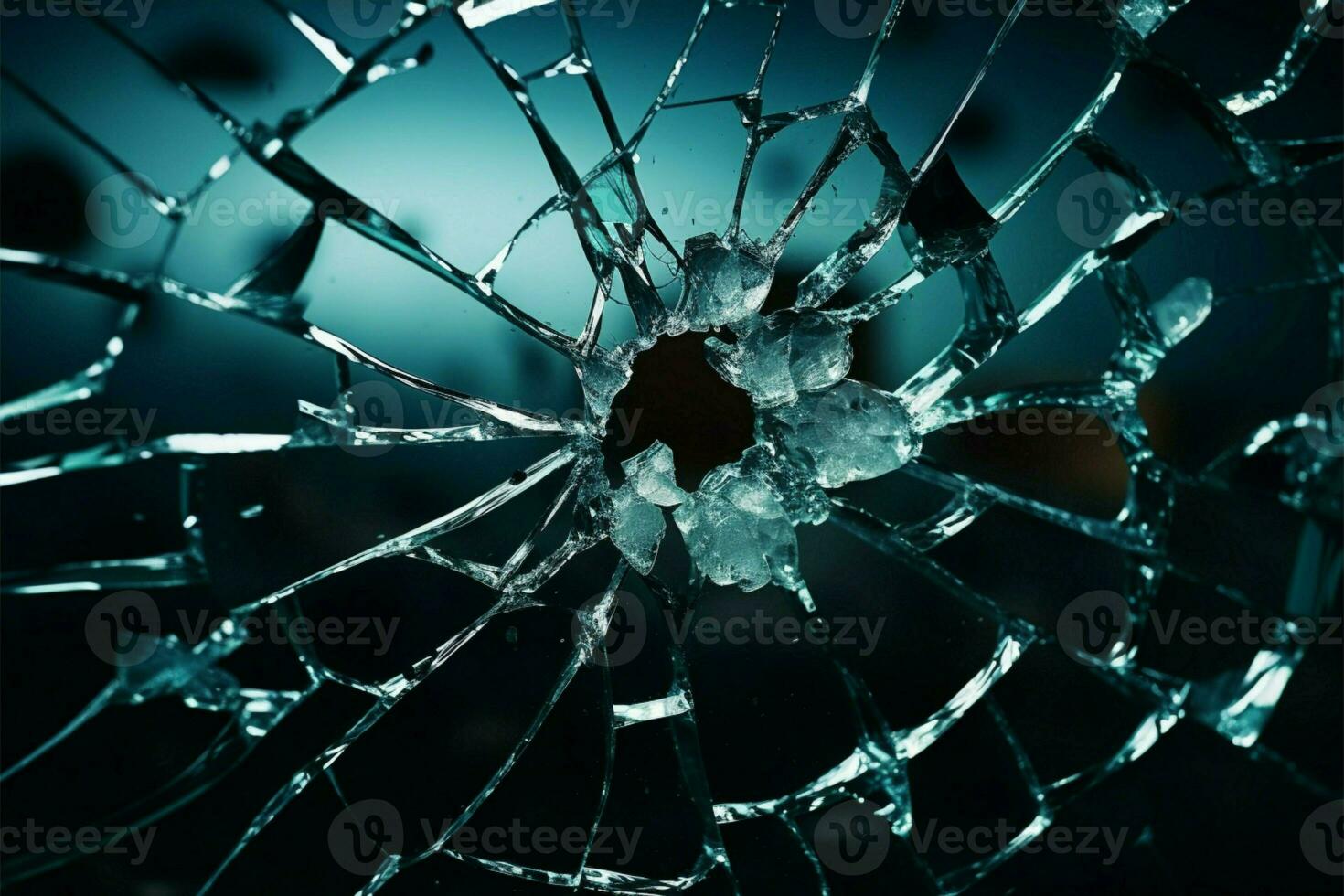 Circular fractures from bullets strike in shattered windowpane AI Generated photo