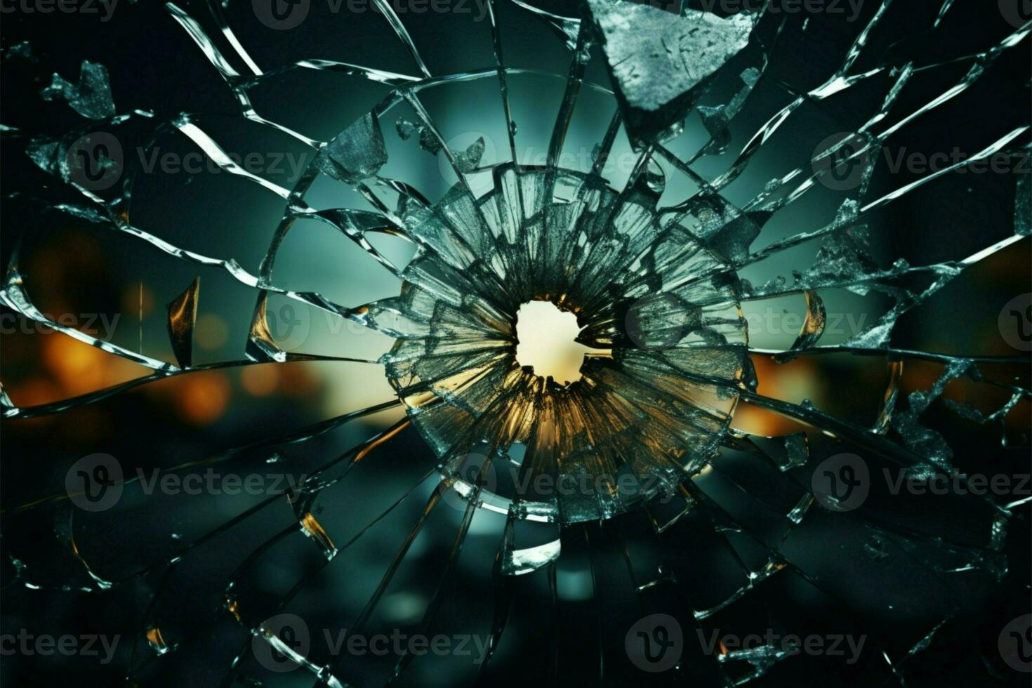 Circular fractures radiate from the bullet hole in the glass AI Generated photo