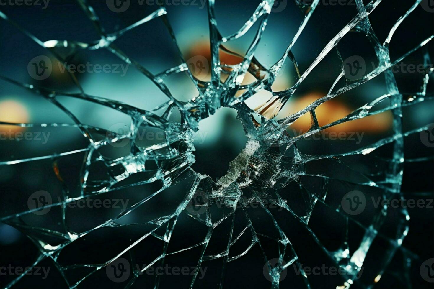 Circular fractures from bullets strike in shattered windowpane AI Generated photo