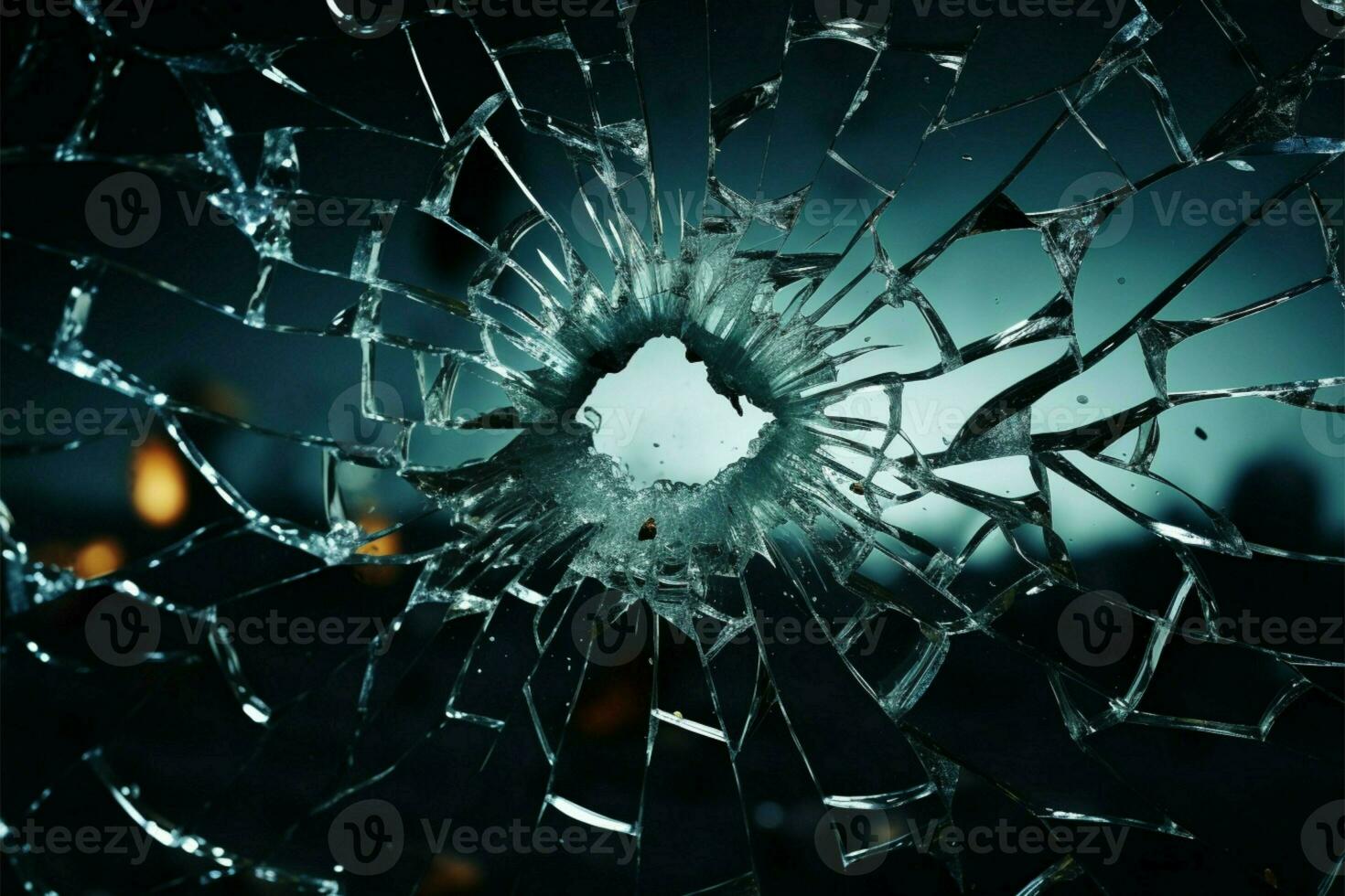 Circular fractures radiate from the bullet hole in the glass AI Generated photo