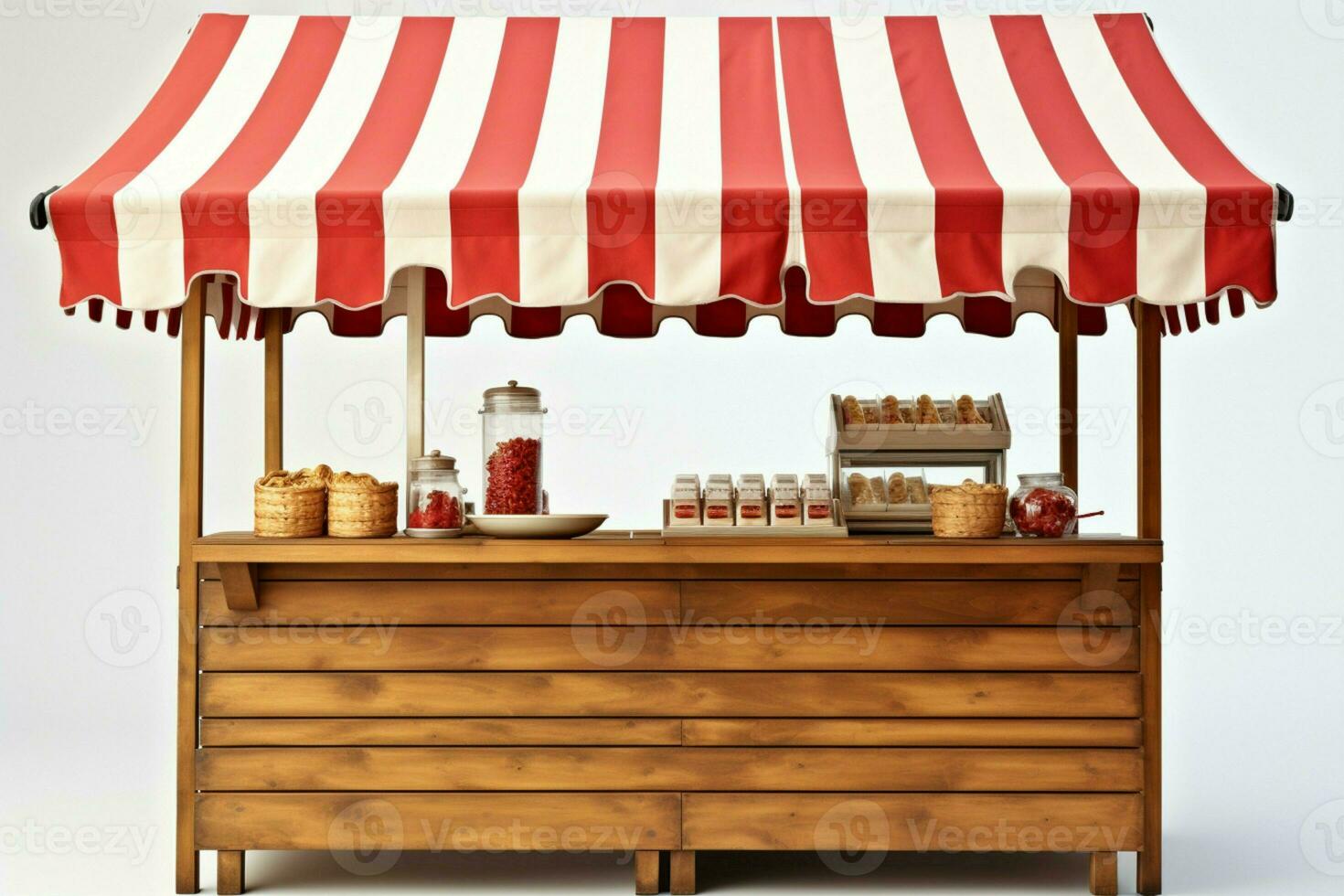 Classic wooden market stand adorned with a red white striped awning AI Generated photo