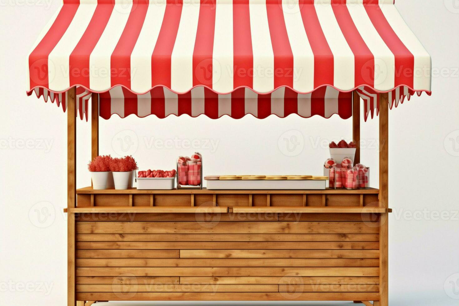 Classic wooden market stand adorned with a red white striped awning AI Generated photo