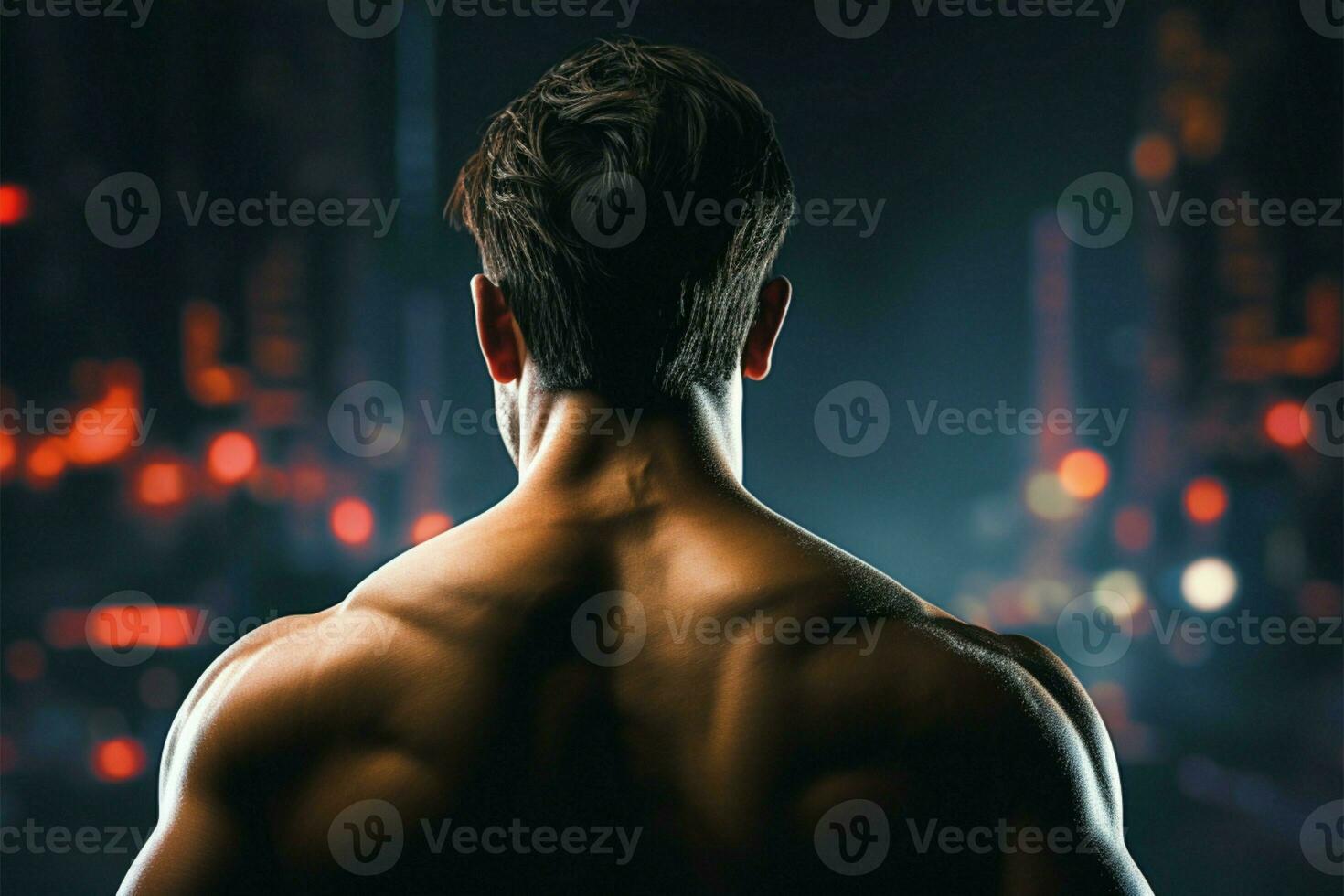 cerca arriba revela el muscular espalda de un fuerte, ajuste hombre ai generado foto
