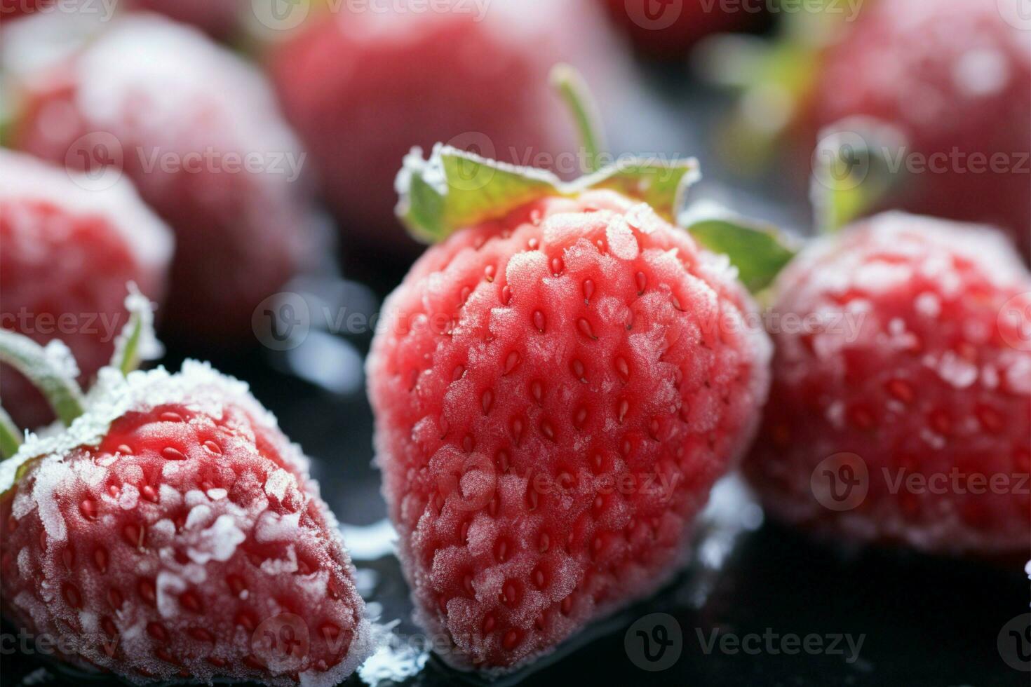 Close up reveals frost dusted strawberries, encapsulating a chilly, wintry essence AI Generated photo