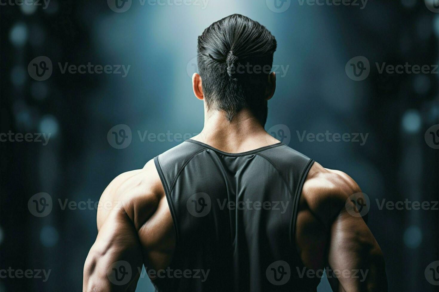 Close up reveals the muscular back of a strong, fit man AI Generated photo