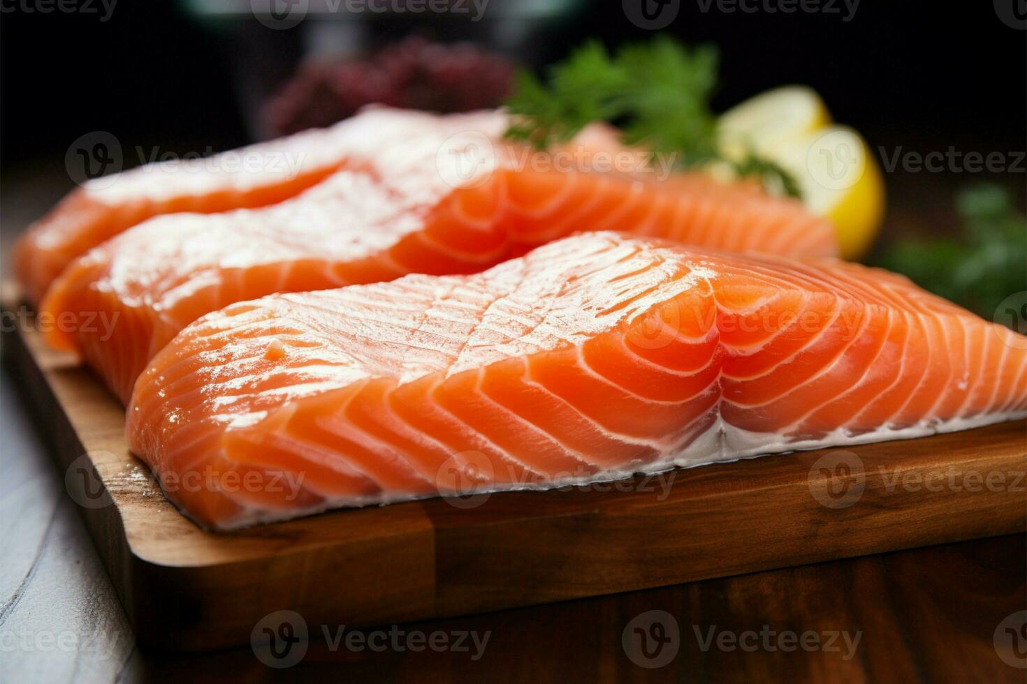 Close up view showcases pristine raw salmon fillets on rustic table AI Generated photo