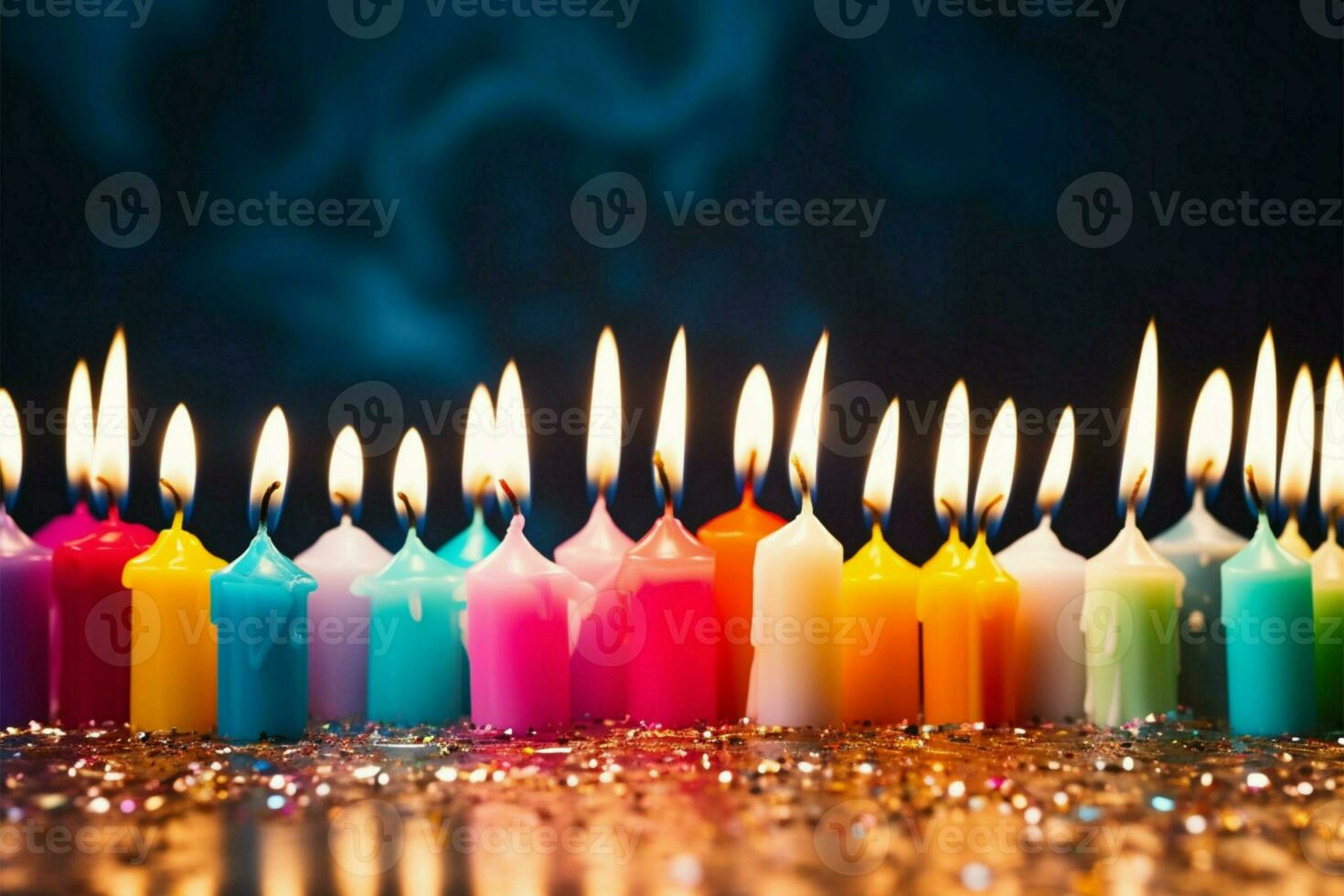 Colorful, patterned birthday candles aglow, perfect for celebratory card design AI Generated photo