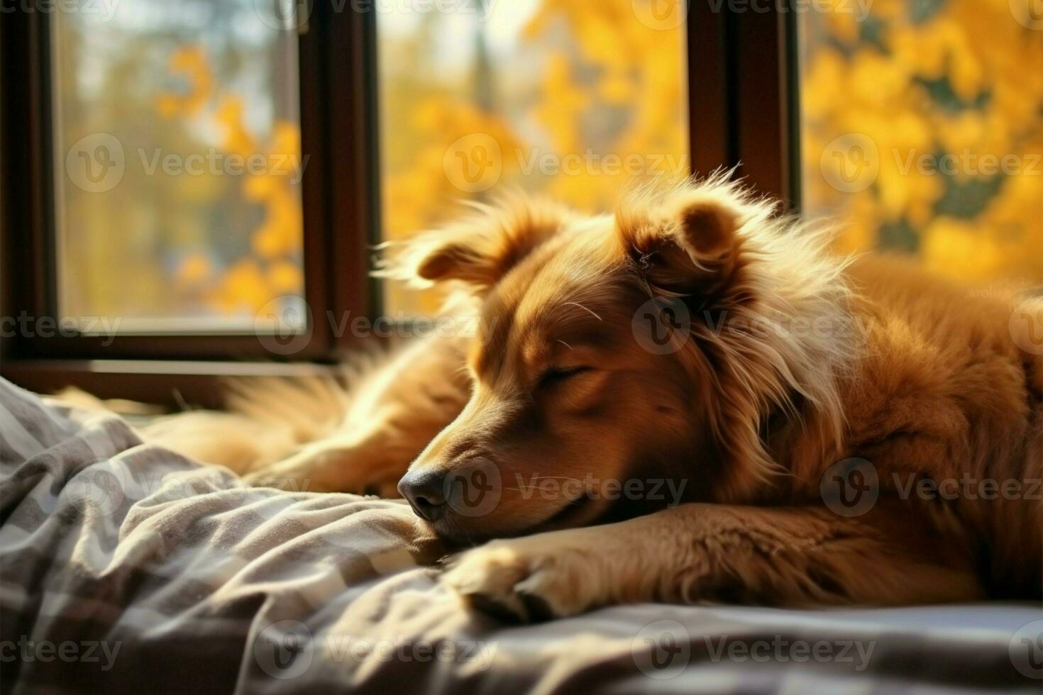 Cozy autumn scene a dreamy dog naps by the warm windowsill AI Generated photo