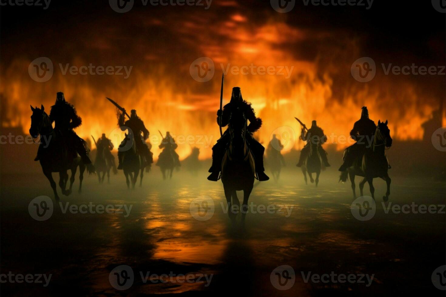 Darkened medieval battlefield, silhouettes of cavalry and infantry locked in combat AI Generated photo