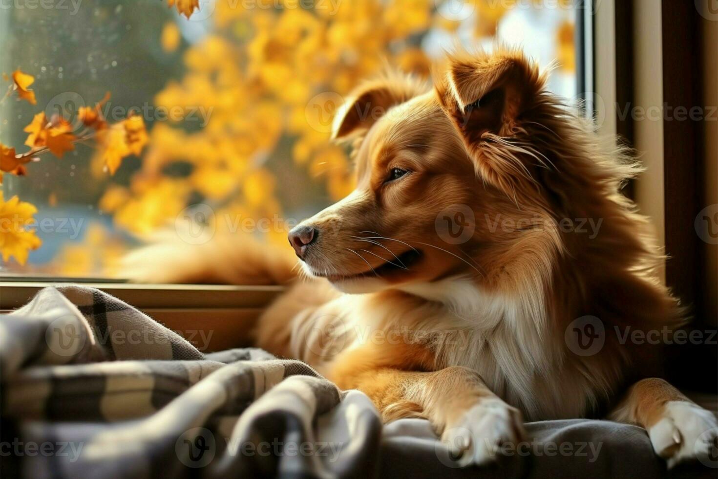 Dreamy dog enjoys a nap in the warm autumn windowsill AI Generated photo