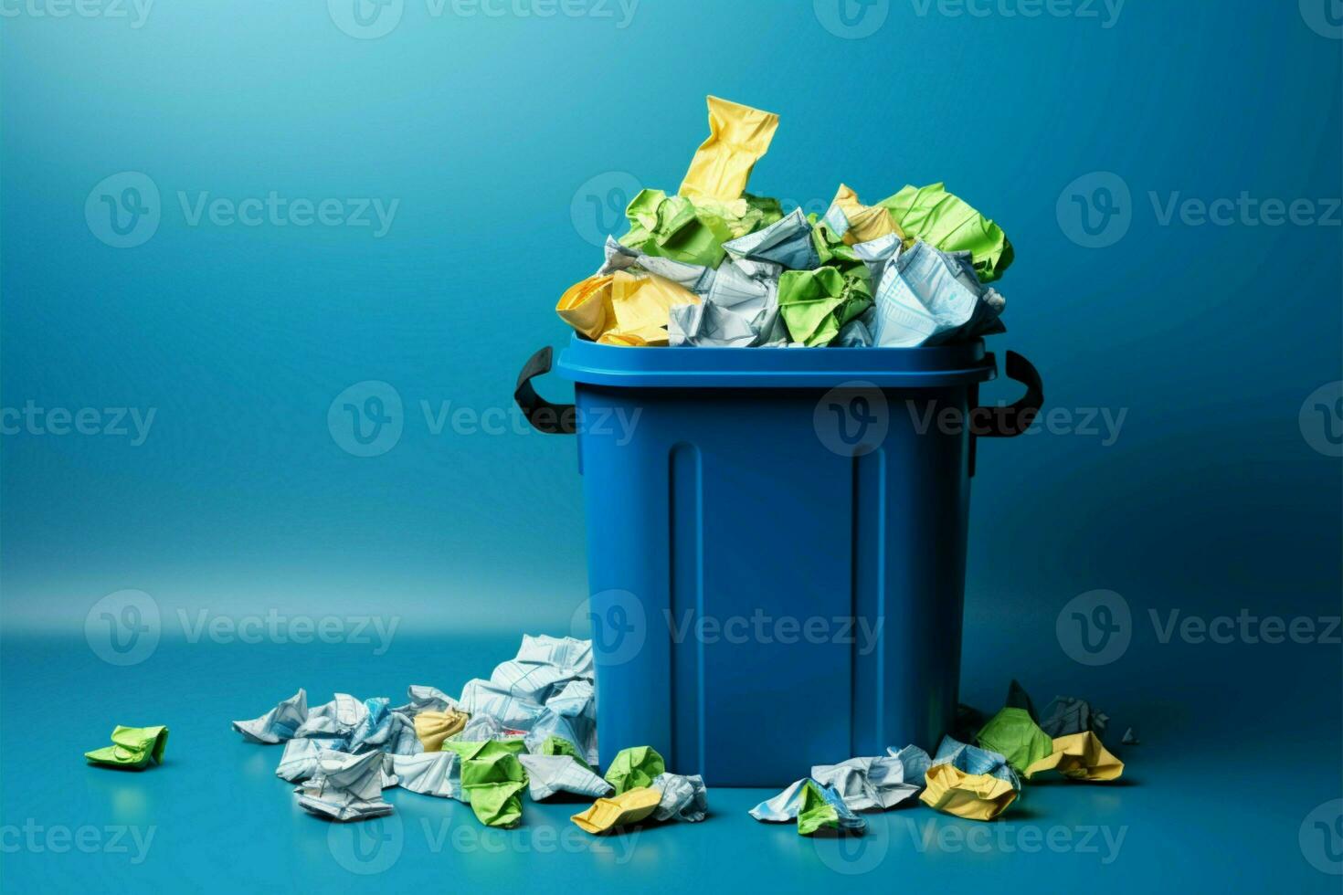 Eco friendly concept Blue bin holds crumpled paper for recycling AI Generated photo