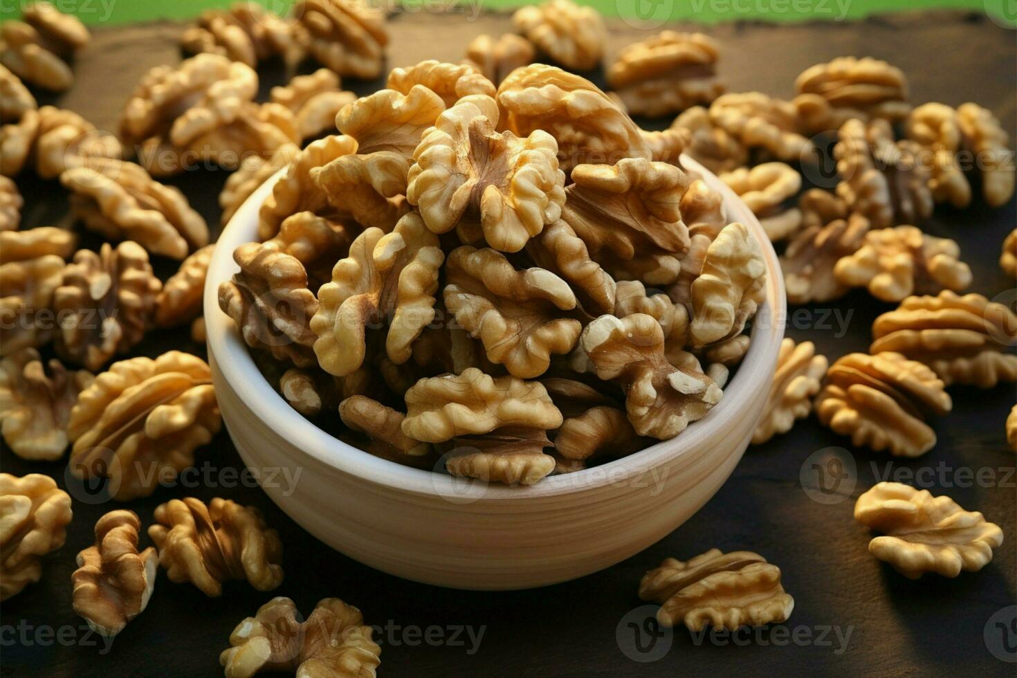 Eco friendly backdrop sets the stage for a nutritious walnut snack AI Generated photo