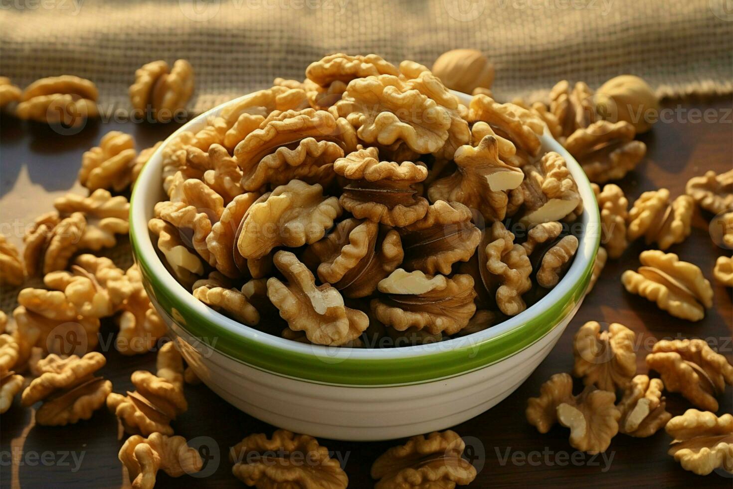 Eco friendly backdrop sets the stage for a nutritious walnut snack AI Generated photo