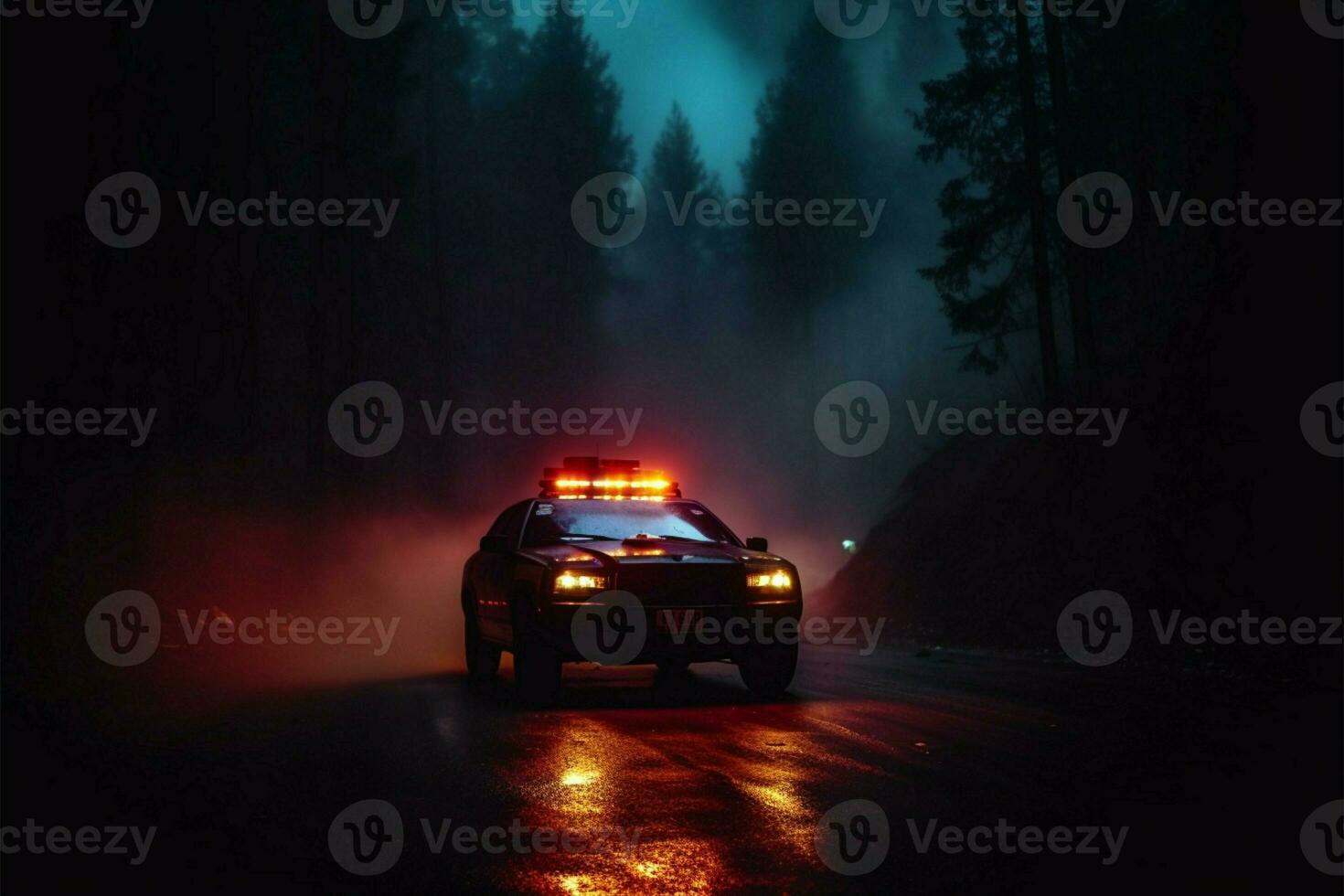 Emergency police car races through the fog, pursuing a vehicle AI Generated photo