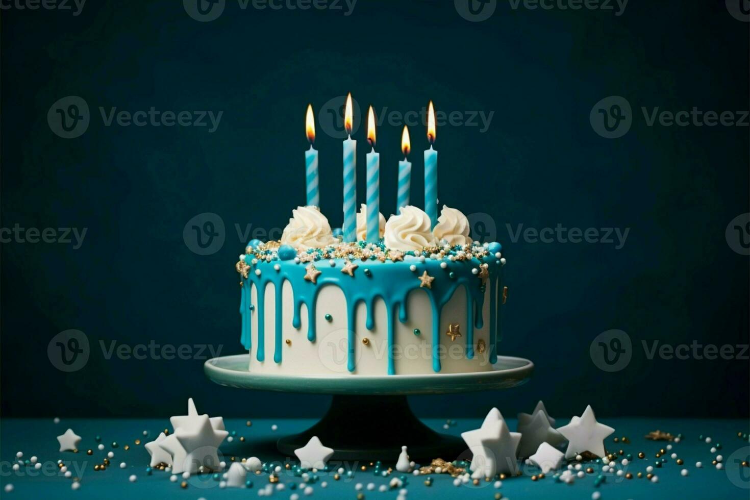 Elegant white drip cake adorned with teal ganache, star toppers, candles AI Generated photo