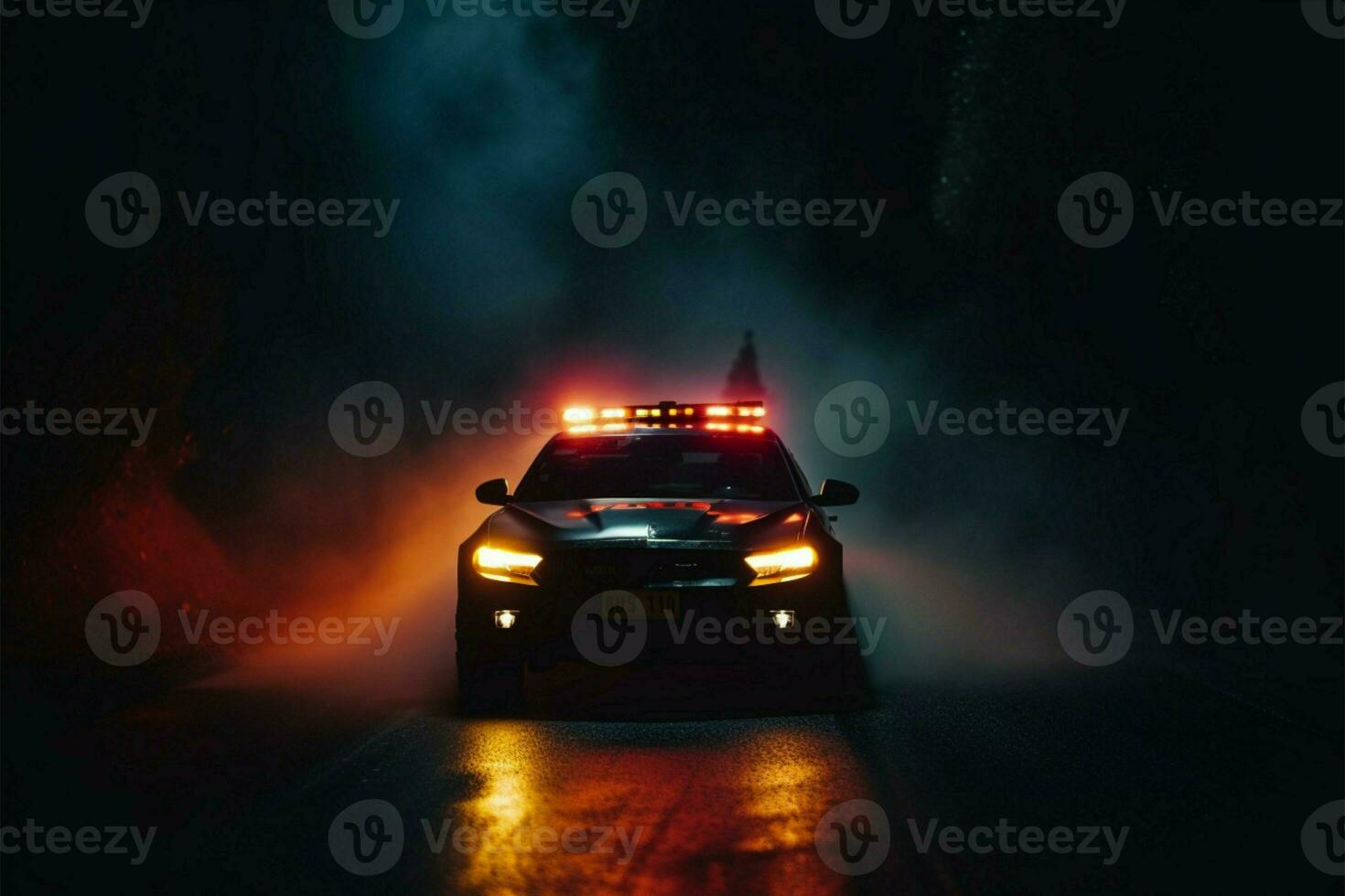 Emergency police car races through the fog, pursuing a vehicle AI Generated photo