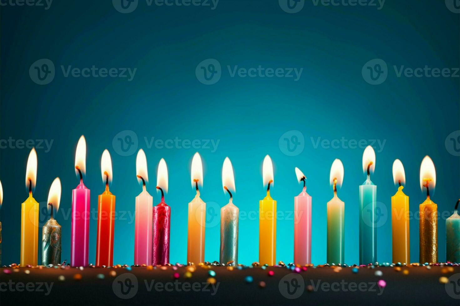 un línea de diverso, iluminado cumpleaños velas en un aislado azul fondo ai generado foto