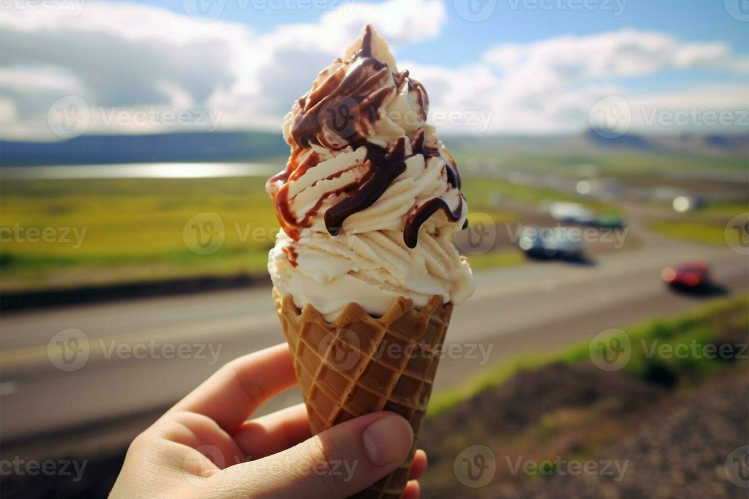 Enjoying local delight, hand holds ice cream against stunning Icelandic scenery AI Generated photo