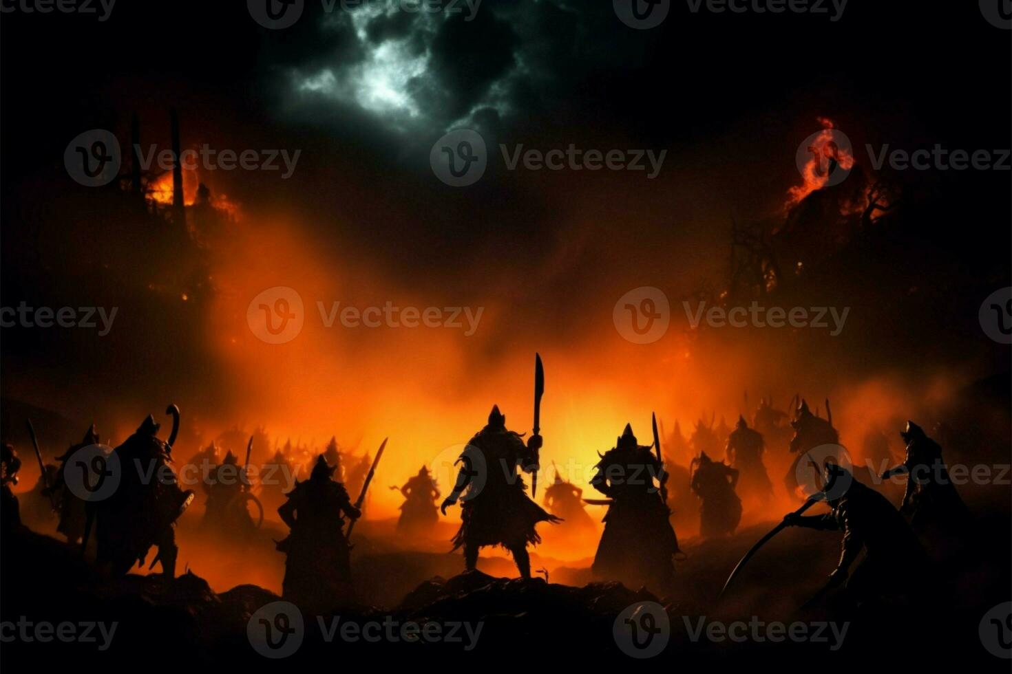 Epic night battle, warriors clash in silhouette against misty backdrop AI Generated photo