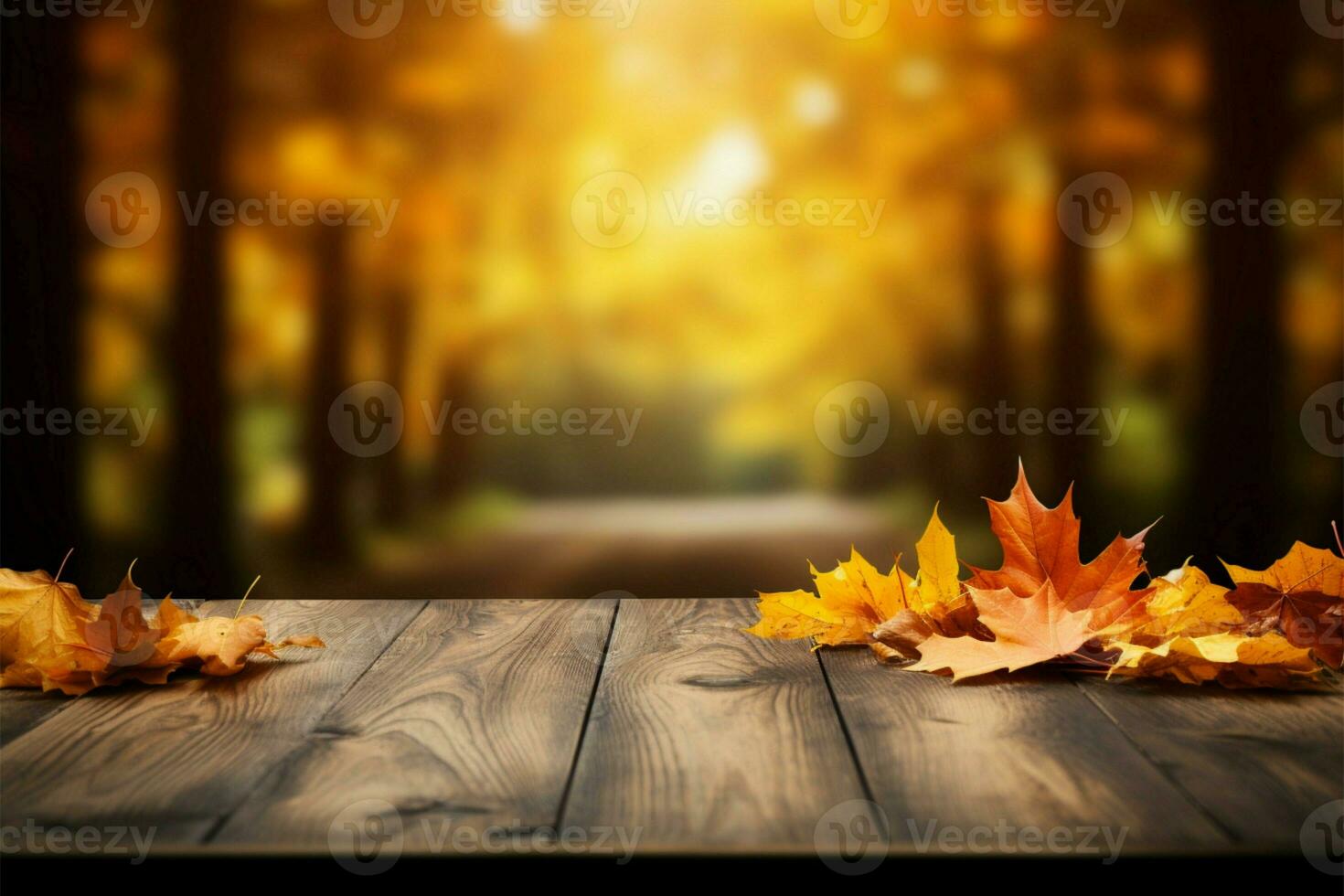 Fall foliage on a wooden table creates a cozy autumn backdrop AI Generated photo