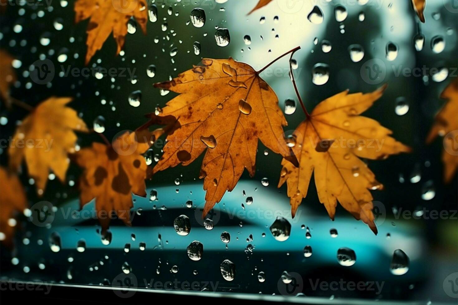 Fall season ambiance raindrops and leaves on an outdoor window AI Generated photo