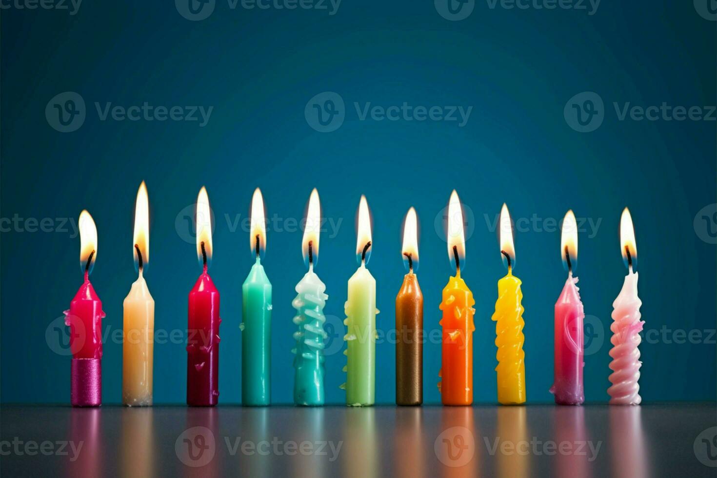 un línea de diverso, iluminado cumpleaños velas en un aislado azul fondo ai generado foto