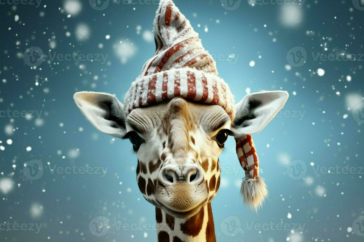 Festive giraffe wears Santa hat, spreading holiday cheer in digital art AI Generated photo