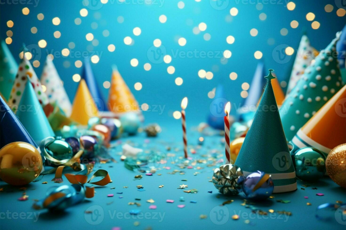 Festive blue background with party hats, blowers, and candle motifs AI Generated photo