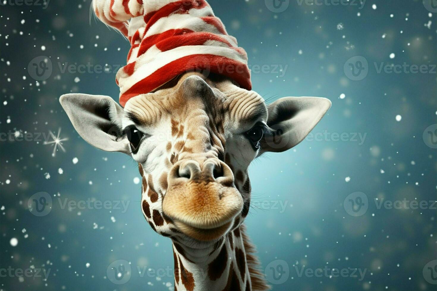 Festive giraffe wears Santa hat, spreading holiday cheer in digital art AI Generated photo