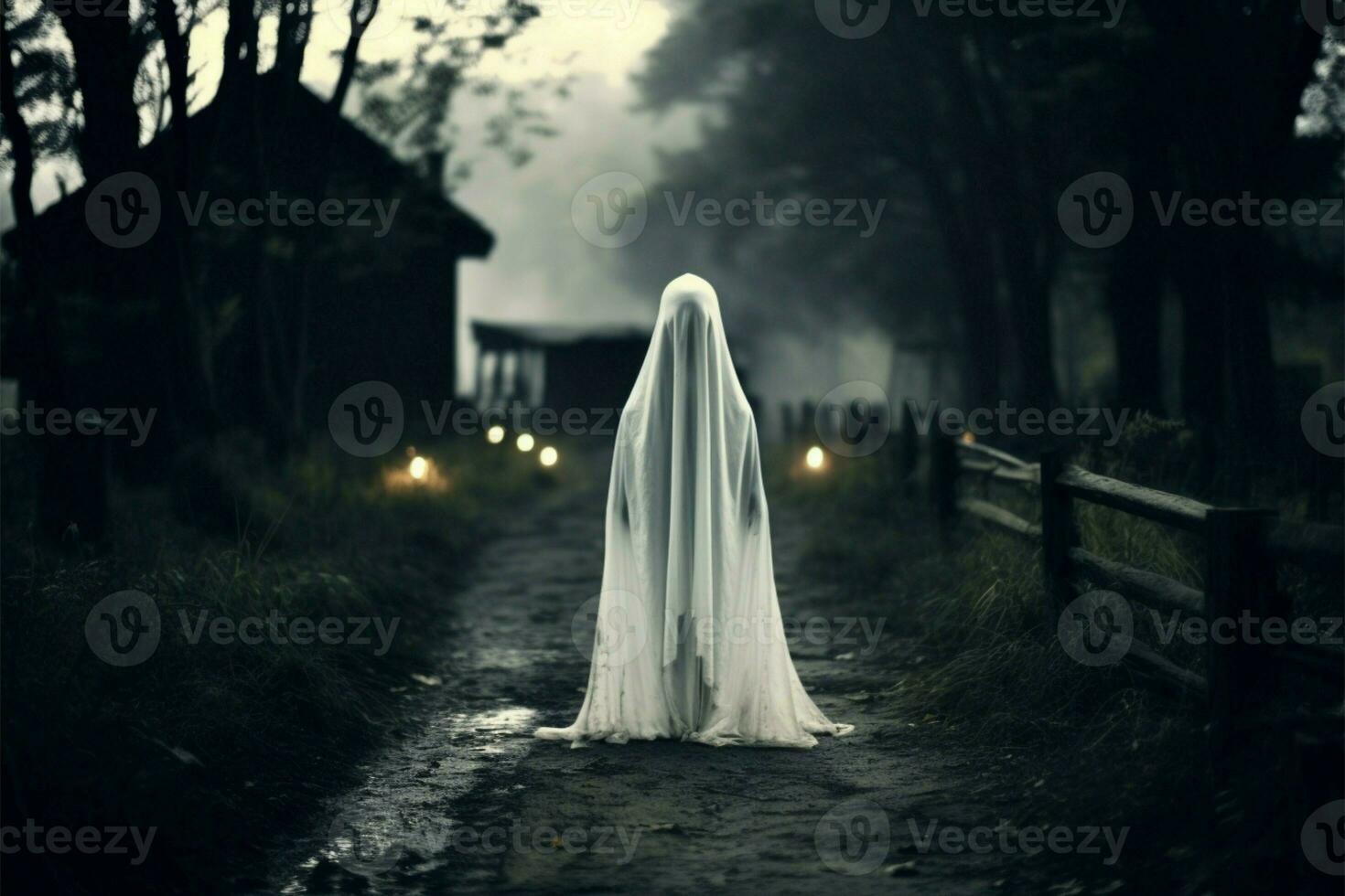 Ghostly apparition on a rural path, vintage and mysterious ambiance AI Generated photo